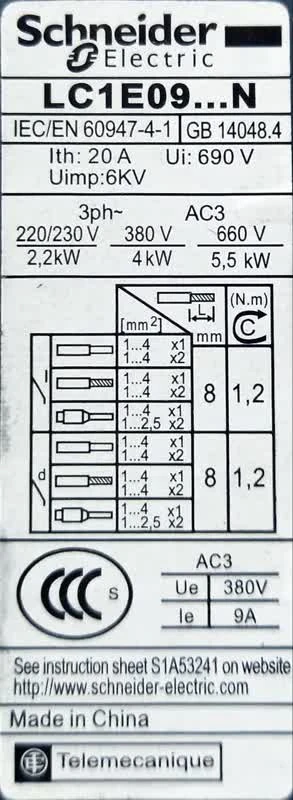 کنتاکتور اشنایدر 9 آمپر بوبین تکفاز 4 کیلو وات(LC1E0910M5N) - Image 3