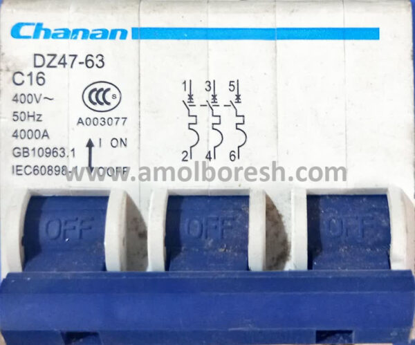 فیوز مینیاتوری سه فاز 16 آمپر chanan مدل  DZ47-63 - Image 2